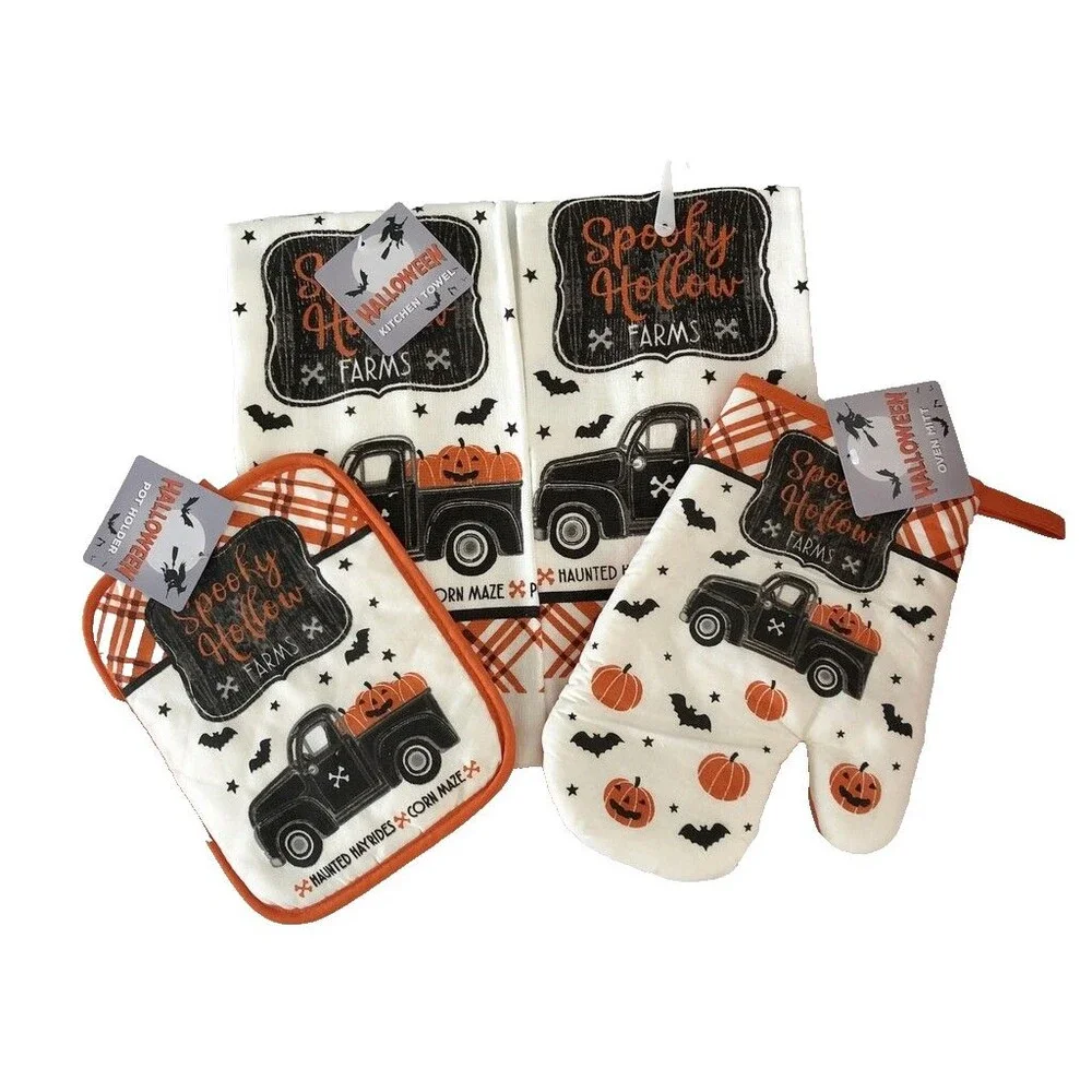 Halloween Kitchen Dish Towels Oven Mitt Potholder Set of 4 Farm Truck Pumpkins